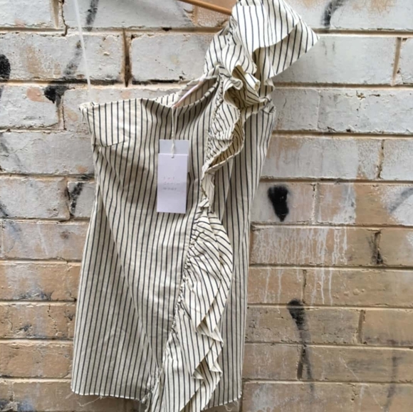 ZARA Denimwear Stripe Ruffle One Shoulder Mini Dress NWT - Picture 4 of 7